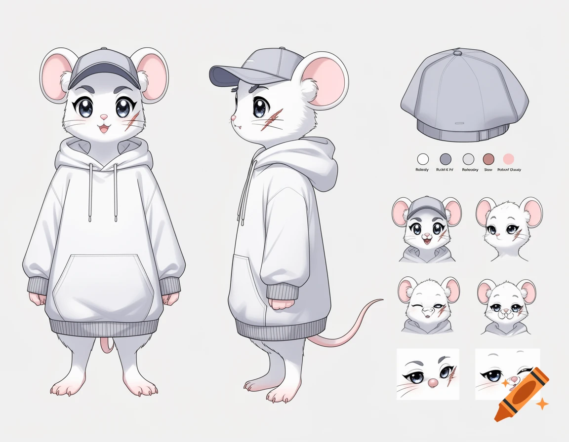 Character reference sheet of an anthropomorphic white mouse wearing a grey cap and oversized white hoodie in anime style.