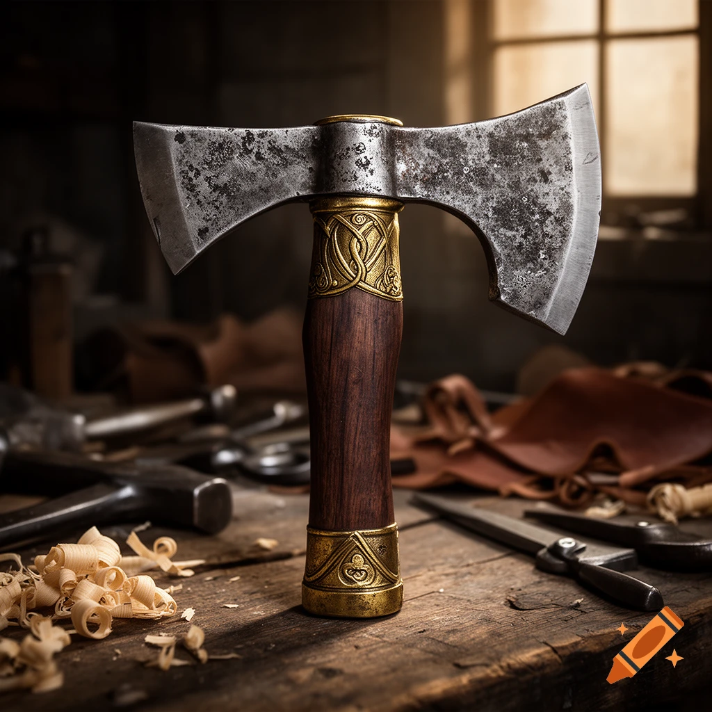 Photorealistic double-bitted throwing axe with an ornate gold and dark wood handle resting on a wooden workbench.
