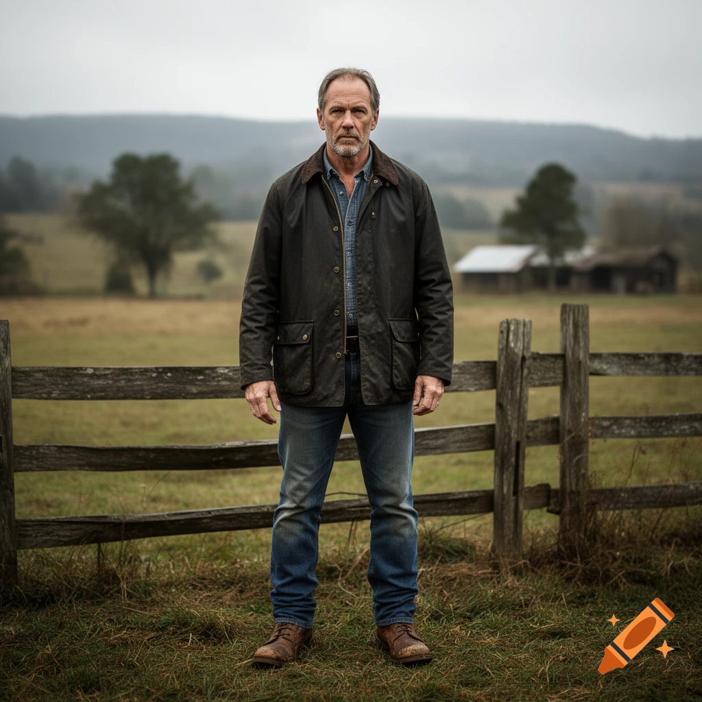 Photorealistic portrait of a middle-aged man in a barn coat standing in a rural field with a wooden fence and distant hills.