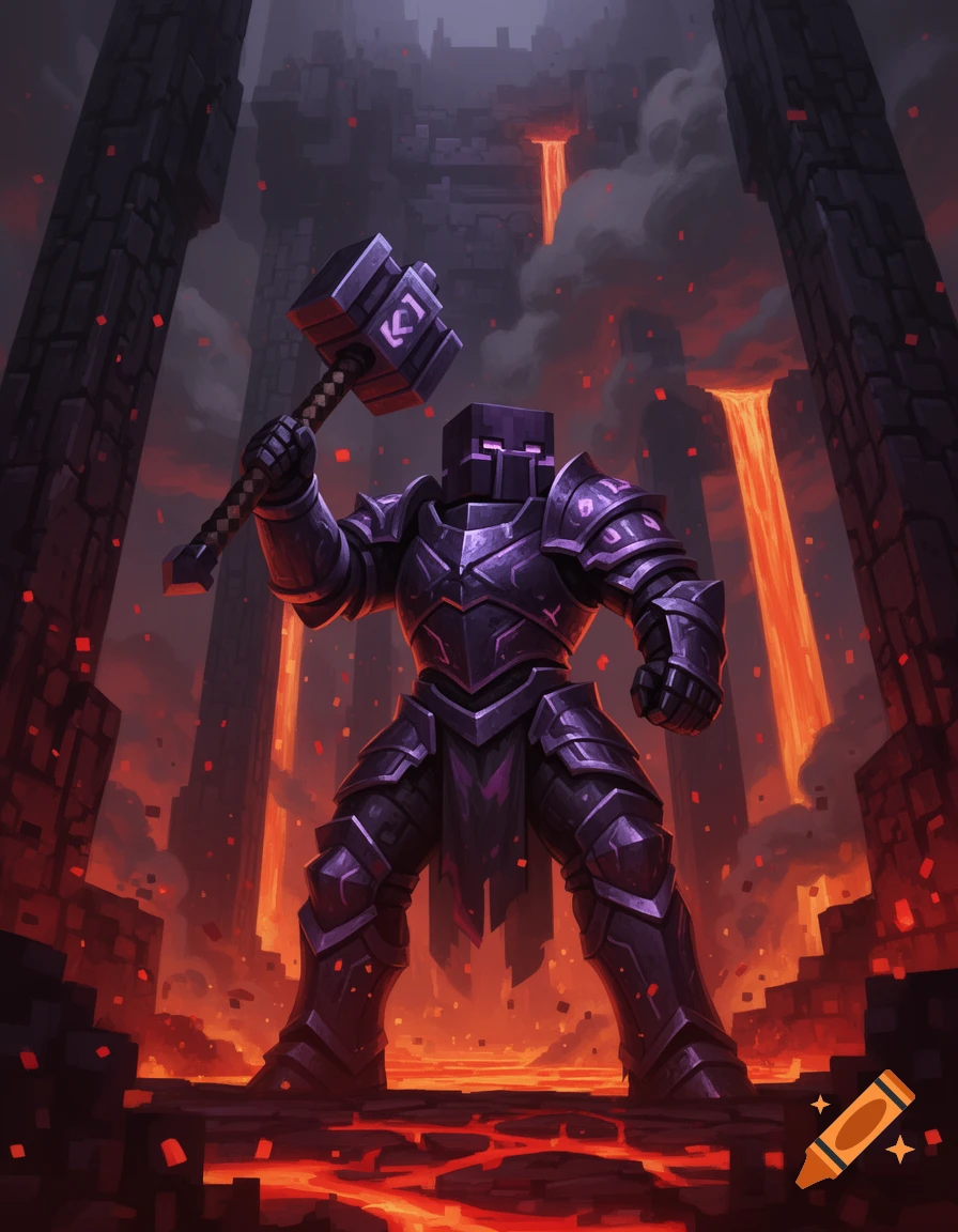 Digital art of a Minecraft-style warrior in netherite armor holding a mace in a volcanic nether fortress.