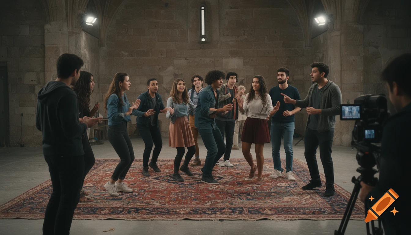 Young adults practicing theater improvisation in a stone hall on a large Persian rug while being filmed.