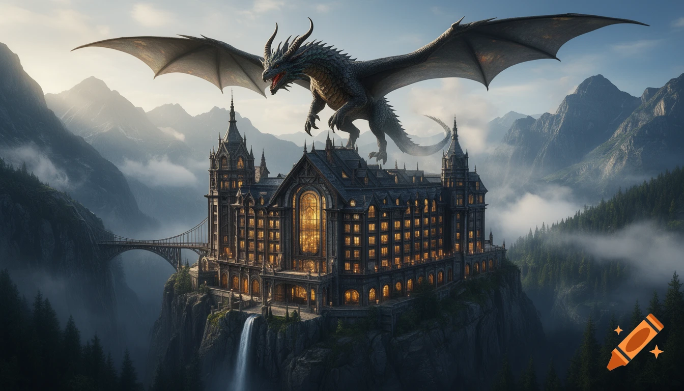 A large dark dragon flying above a grand fantasy hotel perched on a misty cliffside with mountains in the background, photorealistic style.