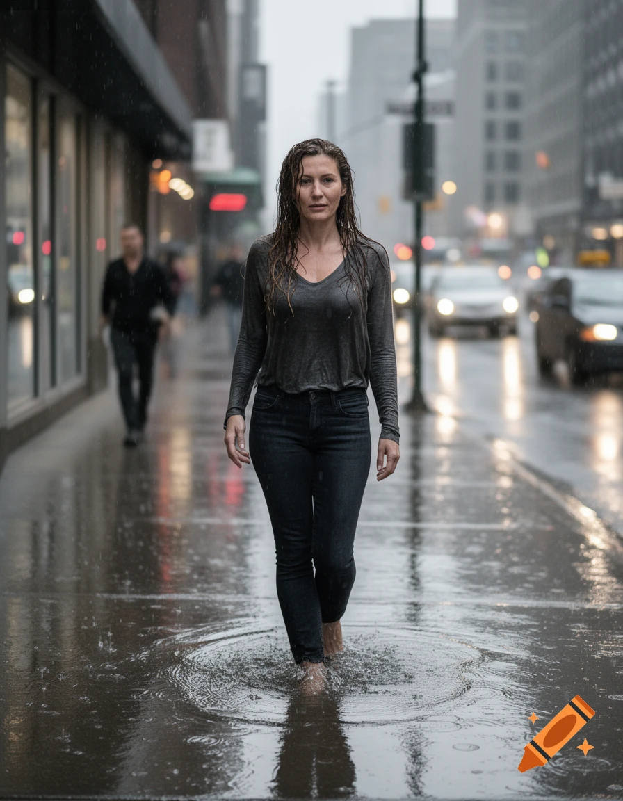 Photorealistic image of a woman with wet hair walking barefoot through a puddle on a rainy city street.