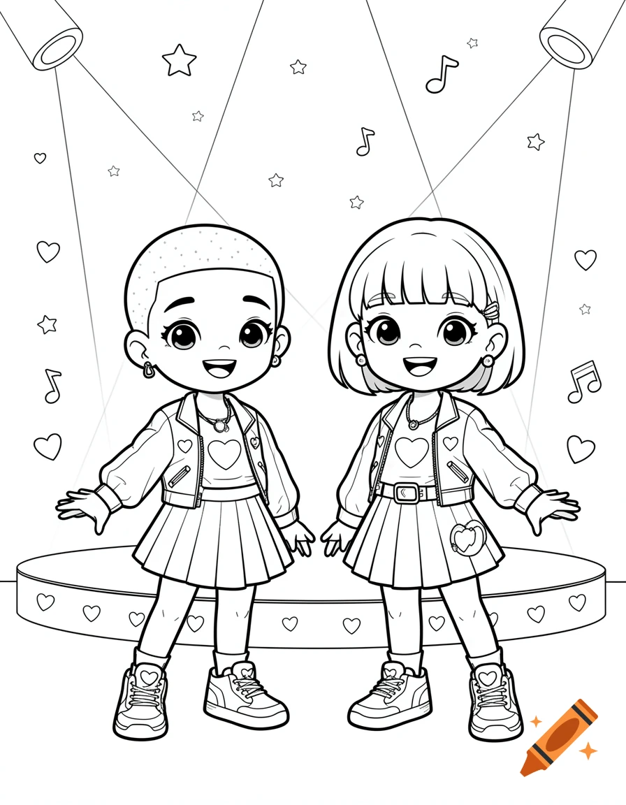 Black and white coloring page of two cute girls in k-pop outfits standing on a stage under spotlights.