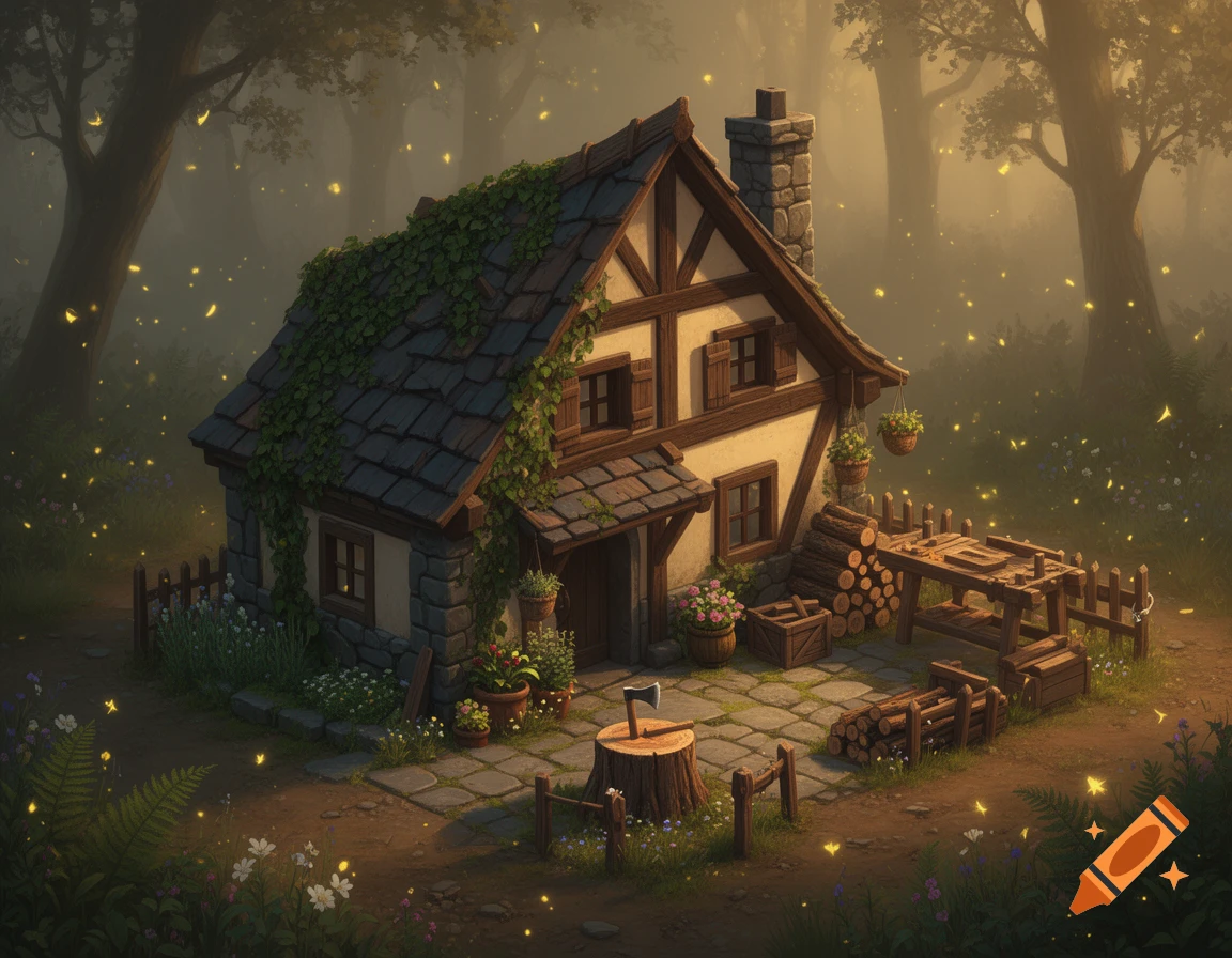 An isometric fantasy cottage in a misty forest with glowing fireflies and wooden crafting furniture, digital art style.