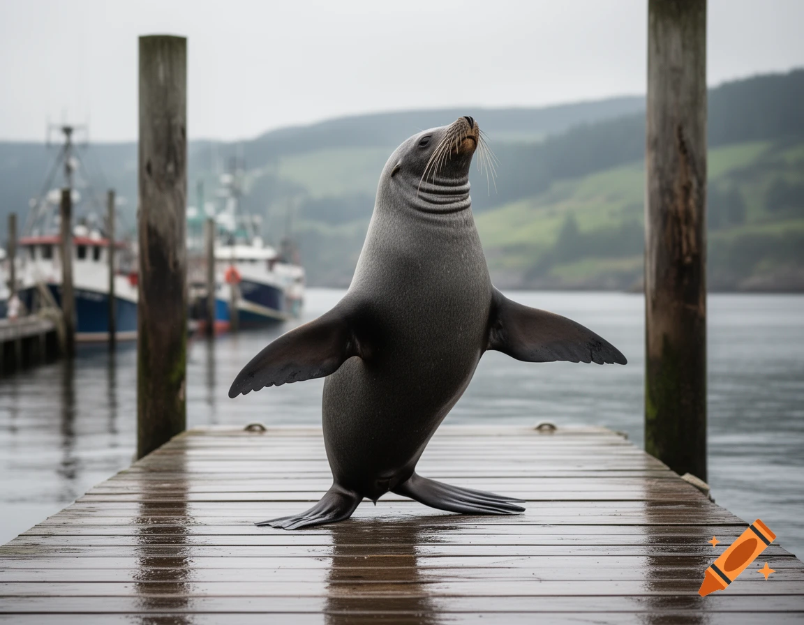 Photorealistic image of a seal balancing and dancing on a wooden pier with boats and hills in the background.