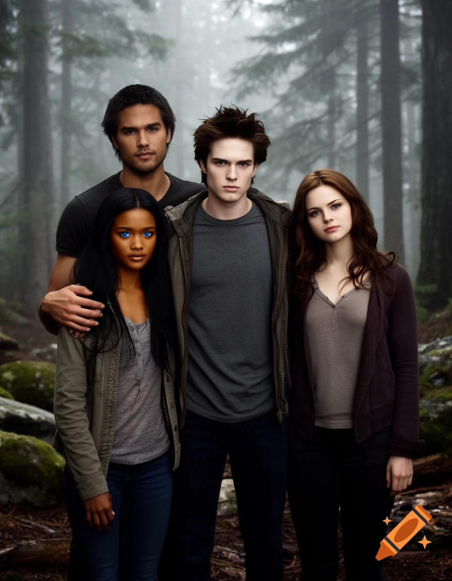 Photorealistic group portrait of four young adults standing in a misty pine forest.