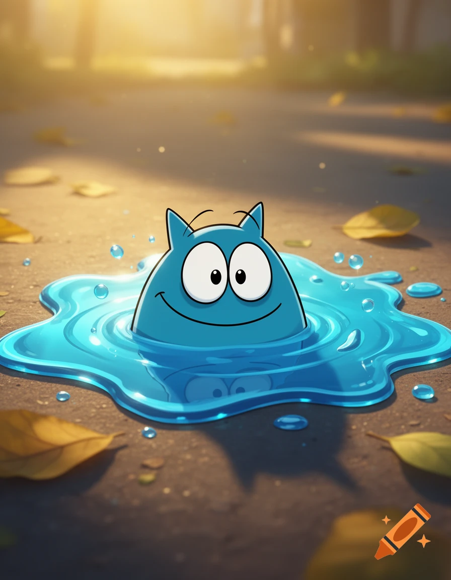 Digital illustration of a blue cartoon cat-like character emerging from a puddle of blue liquid on a paved path with fallen leaves.