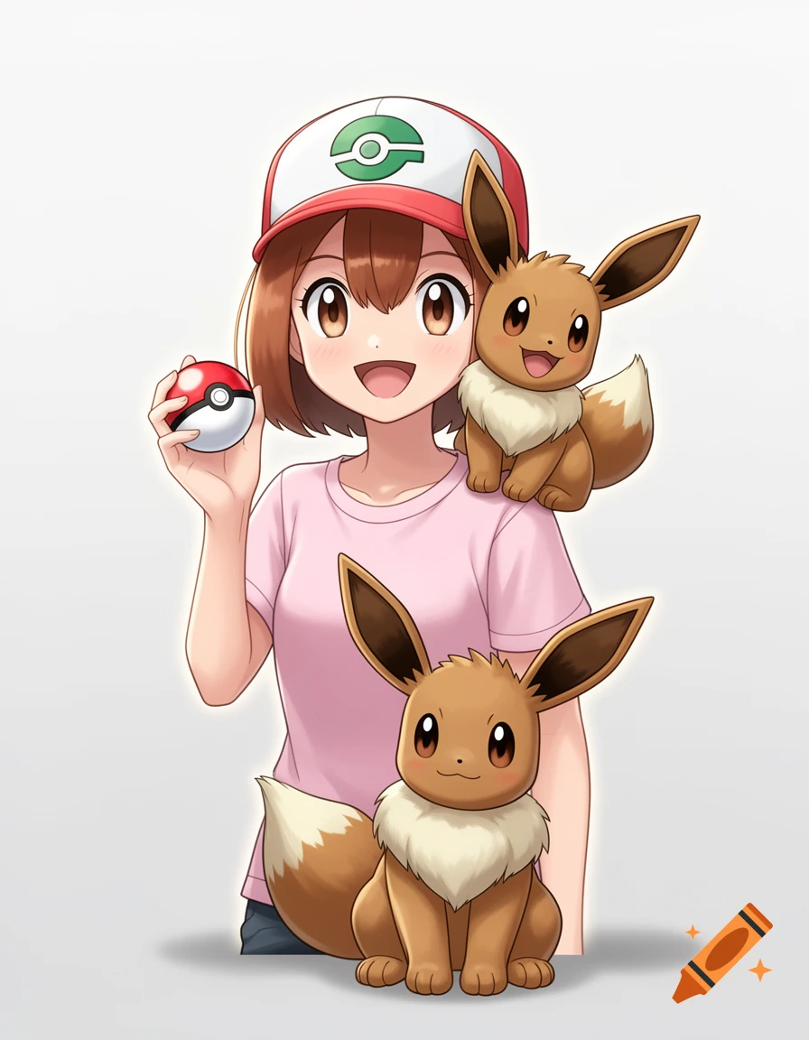 Anime style illustration of a young girl holding a Pokeball with two Eevee pokemon, one on her shoulder and one at her feet.
