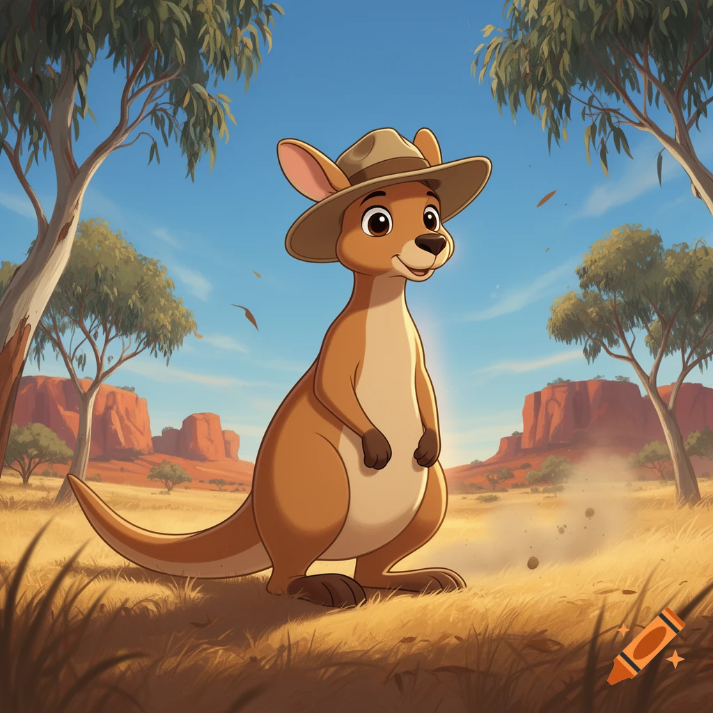 Digital cartoon illustration of a smiling kangaroo wearing an Australian bush hat in an outback landscape with eucalyptus trees.