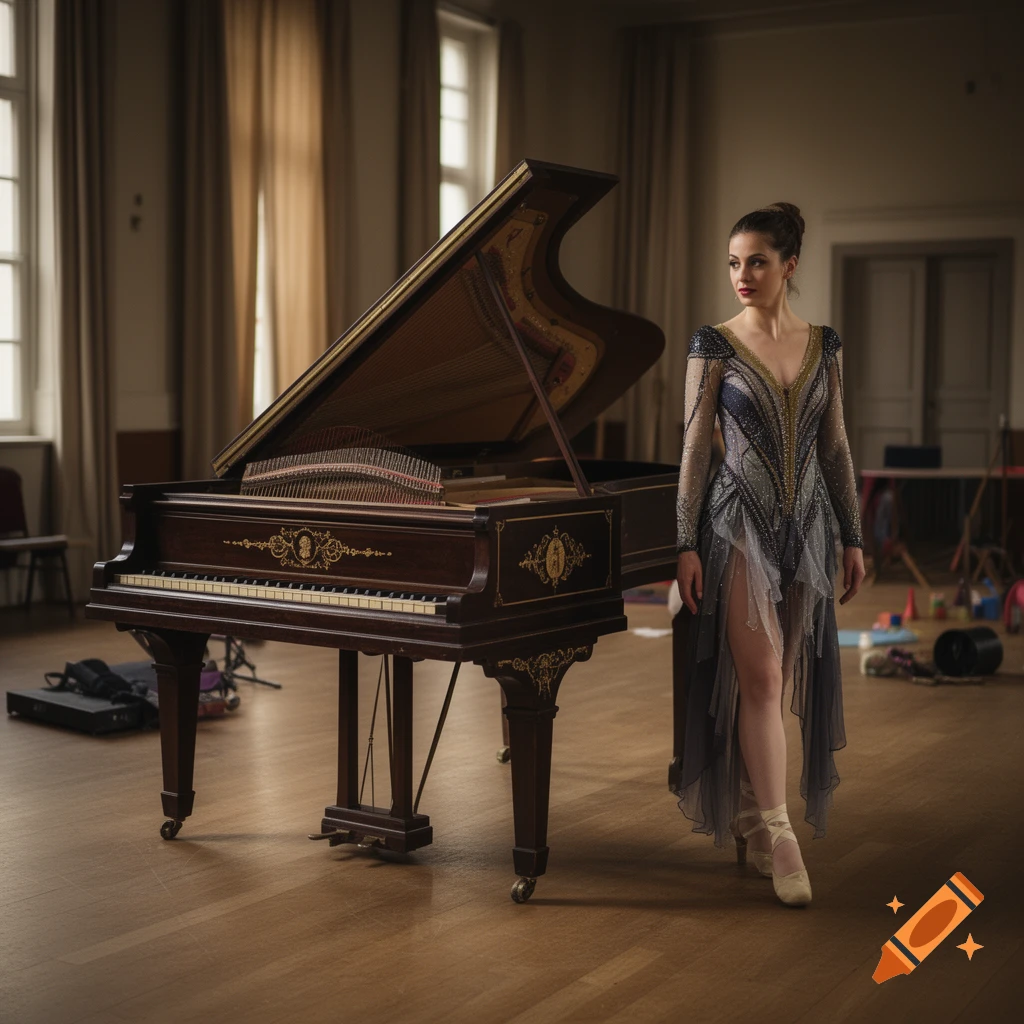 Photorealistic image of a female ballet dancer in an elaborate costume standing beside an antique harpsichord in a spacious room.