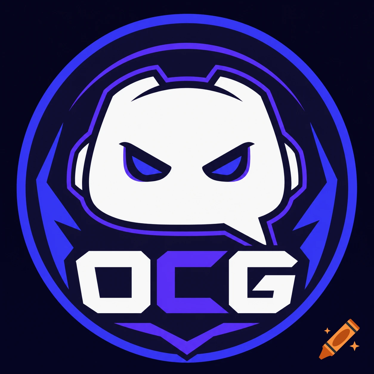 Discord style mascot logo with an angry white face and blue accents, featuring the letters OCG.