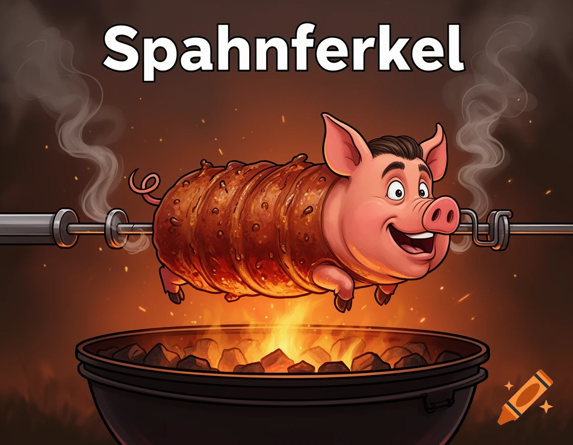 Digital cartoon caricature of a roasted piglet with a human face on a spit over a barbecue grill, with text 'Spahnferkel' above.
