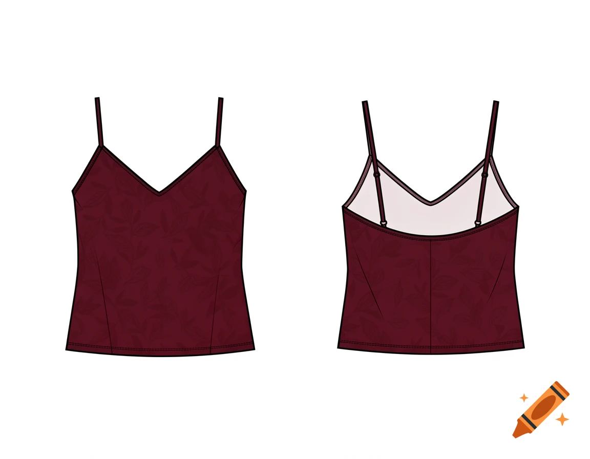 Minimalist flat fashion sketch of a burgundy camisole top with a V-neck and leaf pattern, shown in front and back views.