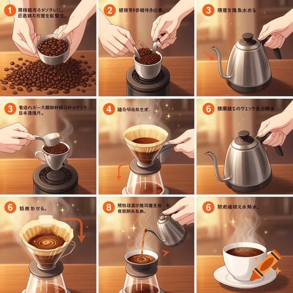 An anime-style instructional panel showing a step-by-step manual for brewing coffee.