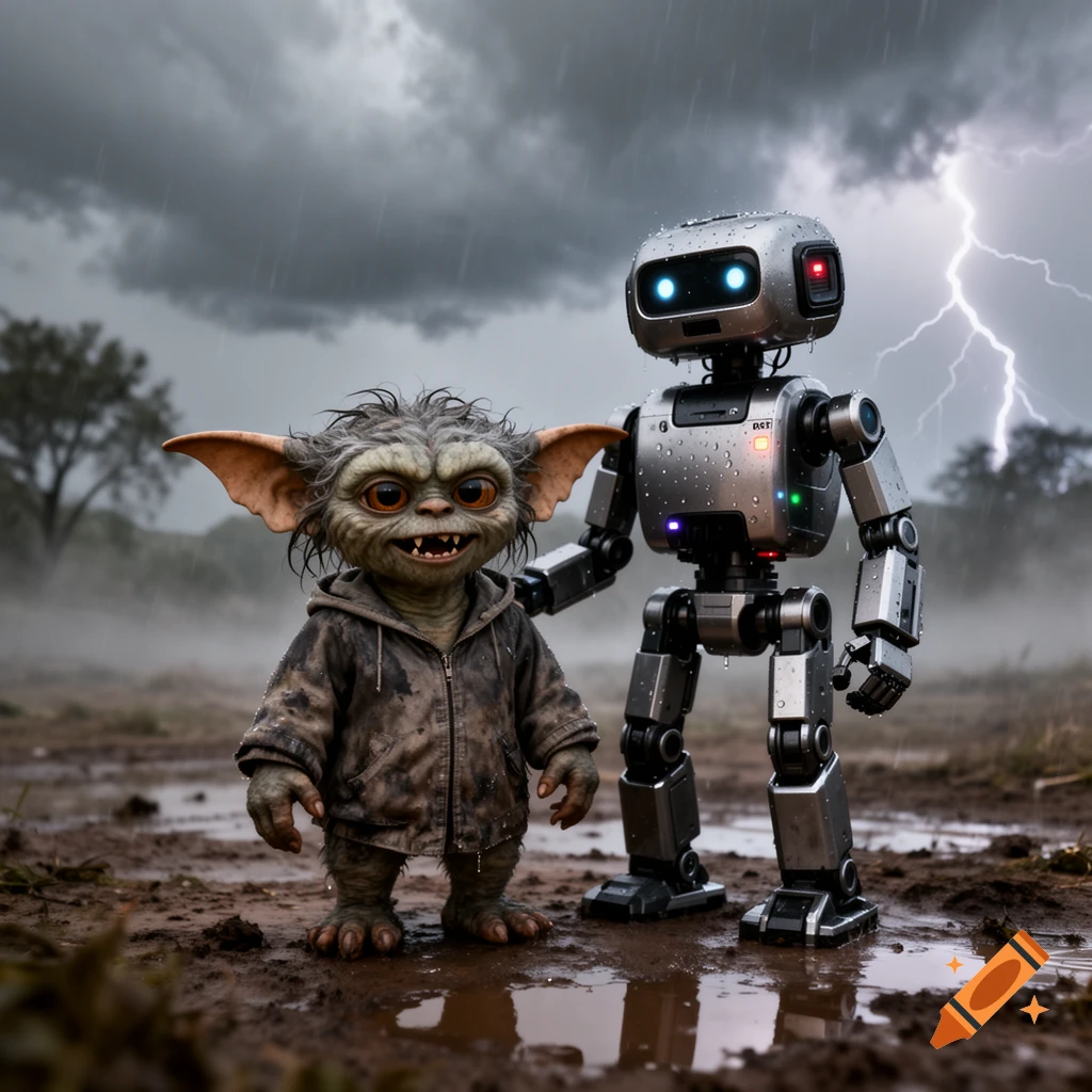 Photorealistic image of a cute, furry gremlin in a muddy jacket standing next to a silver robot during a thunderstorm.