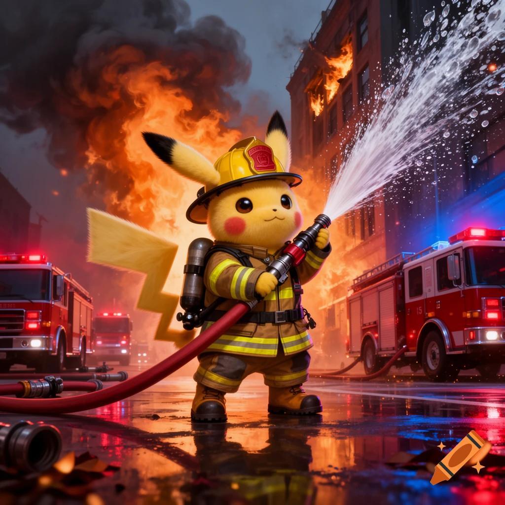 Pikachu wearing a firefighter helmet and uniform holding a hose putting out a fire in front of a burning building.