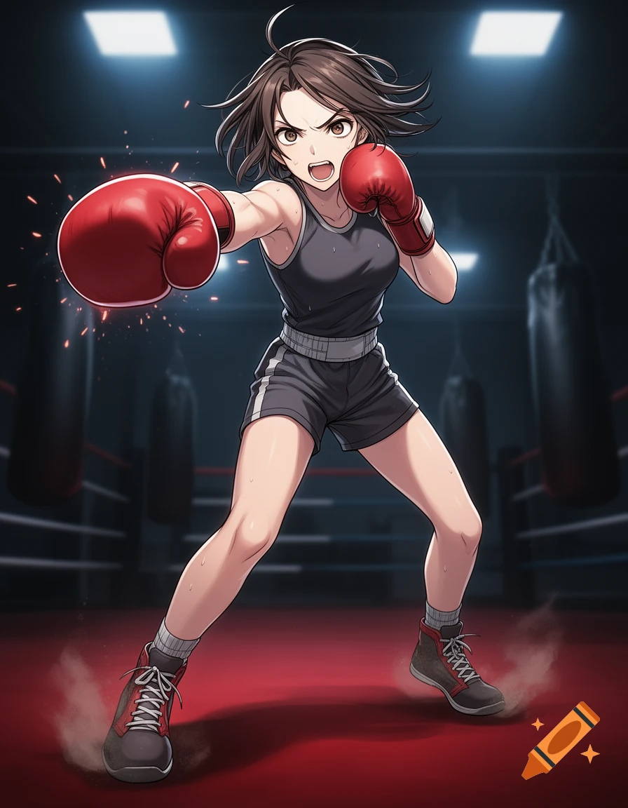 Anime illustration of a determined female boxer throwing a punch in a boxing ring.
