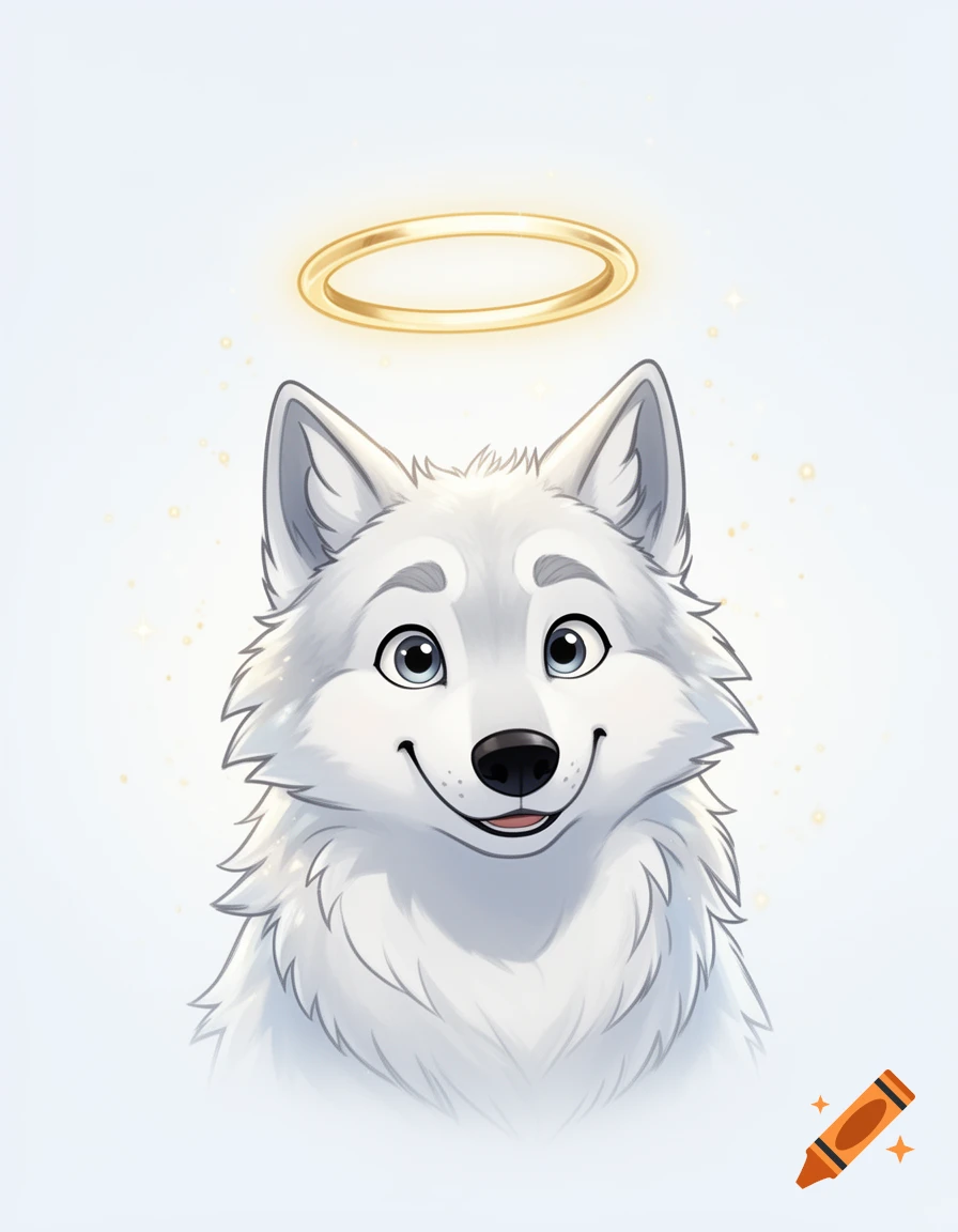 Digital illustration of a smiling white wolf with a glowing gold halo floating above its head against a light background.
