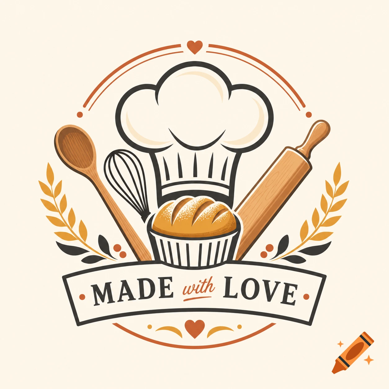 Baking and cooking logo featuring a chef's hat, rolling pin, whisk, bread loaf, and the text 'MADE with LOVE'.