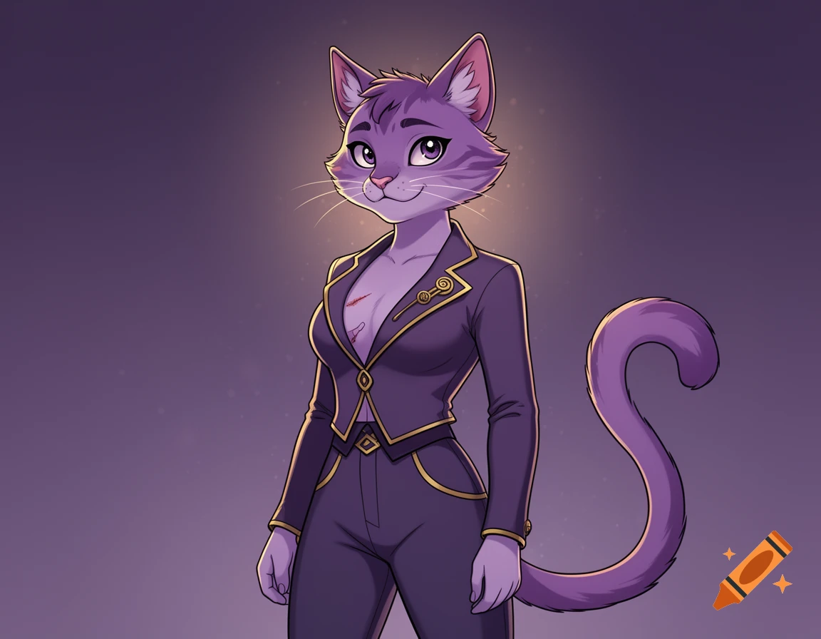 Digital illustration of a female anthropomorphic purple cat wearing a purple suit jacket, standing against a dark purple background.