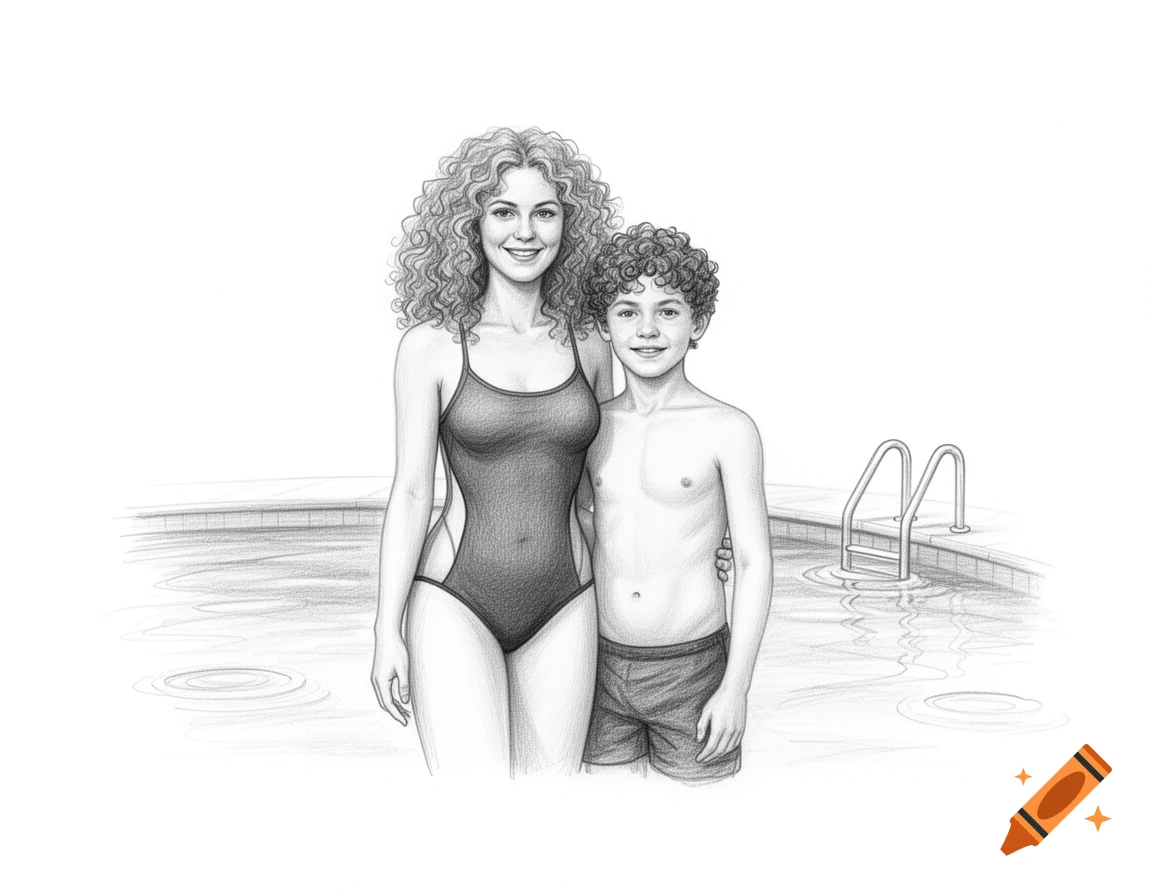 Pencil sketch of a smiling woman with curly hair and her young son by a swimming pool.