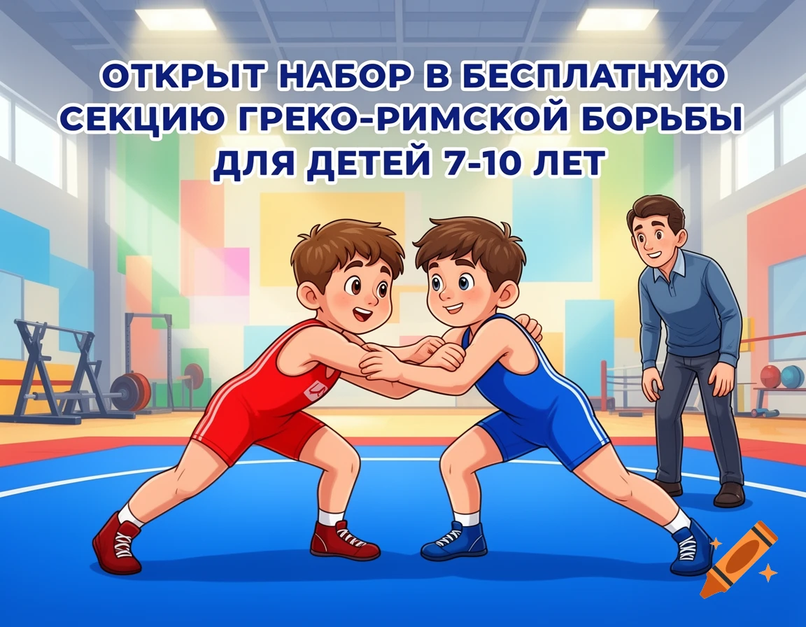 Cartoon illustration of two young boys wrestling on a blue mat in a gym with a coach watching, and Russian text at the top.
