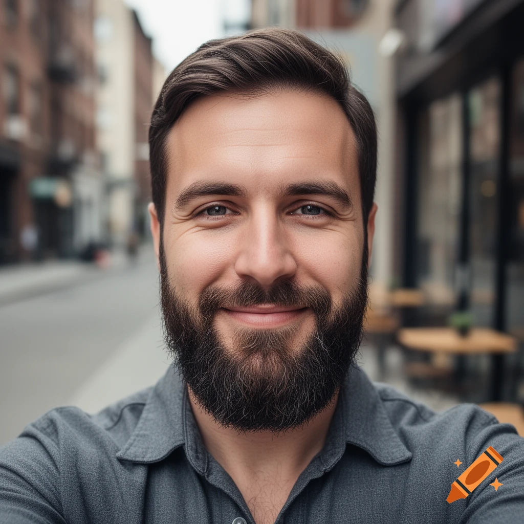 Photorealistic selfie of a smiling 30-year-old man with a beard in a city street.