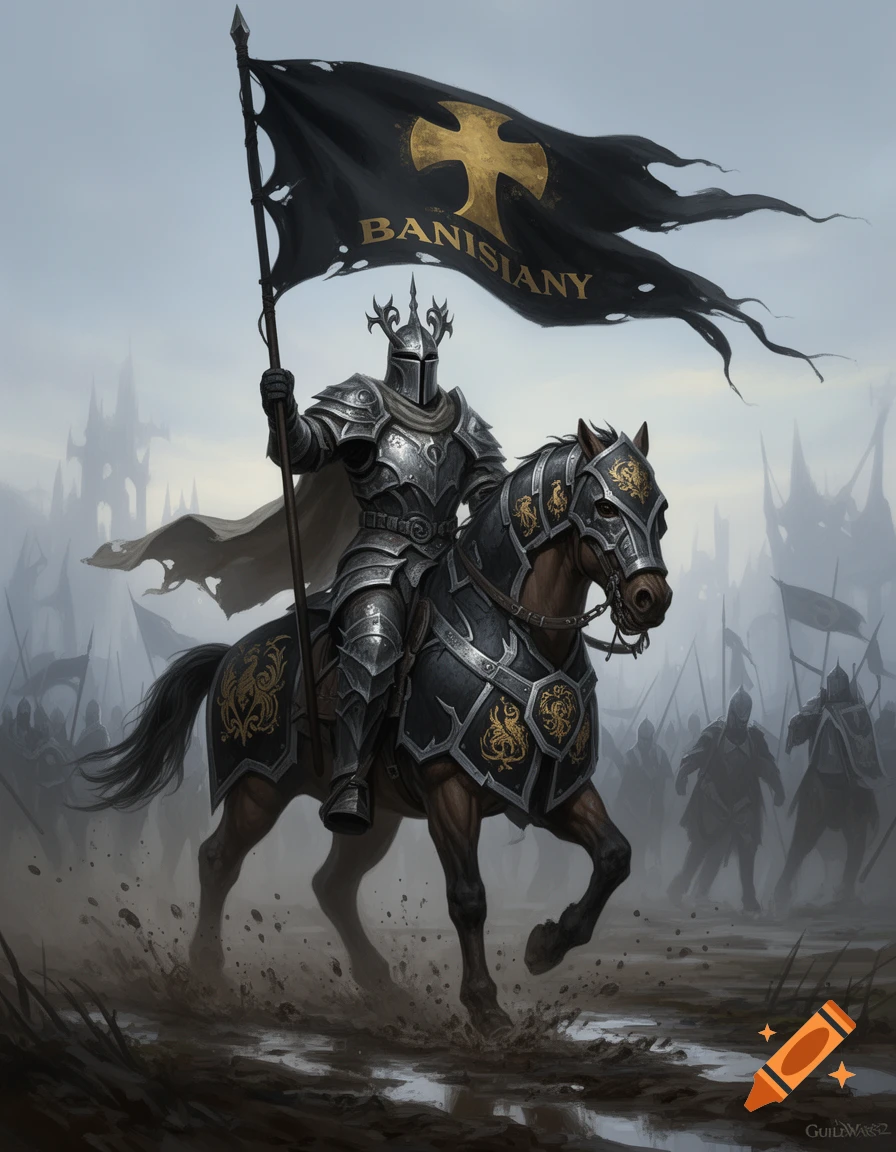 A knight in dark ornate armor riding a horse and holding a black flag with a gold cross and the text BANISIANY, in Guild Wars 2 style.