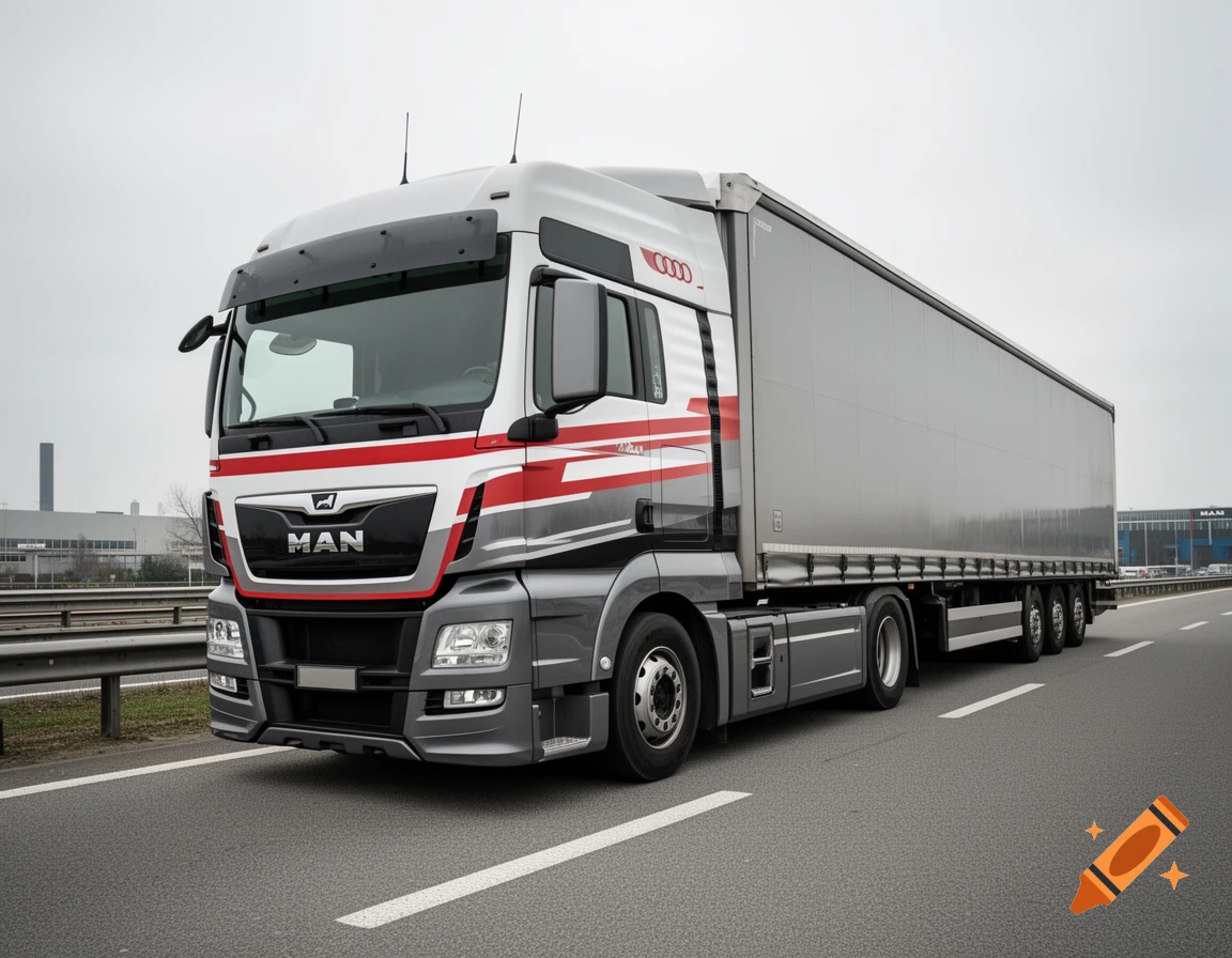 Photorealistic image of a MAN TGX semi-truck with Audi rally-inspired red and grey livery driving on a highway.