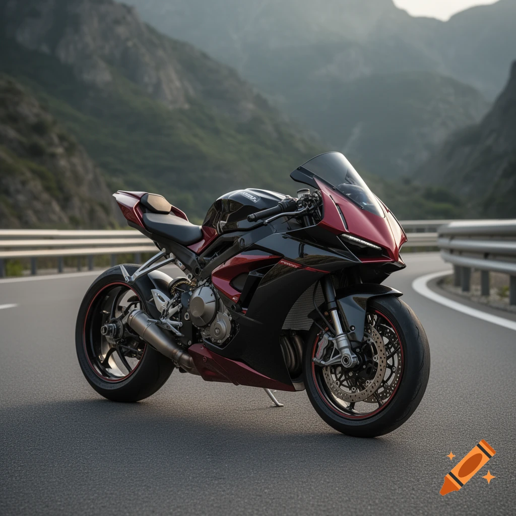 Photorealistic sport motorcycle parked on a curved mountain road with a mountain background.
