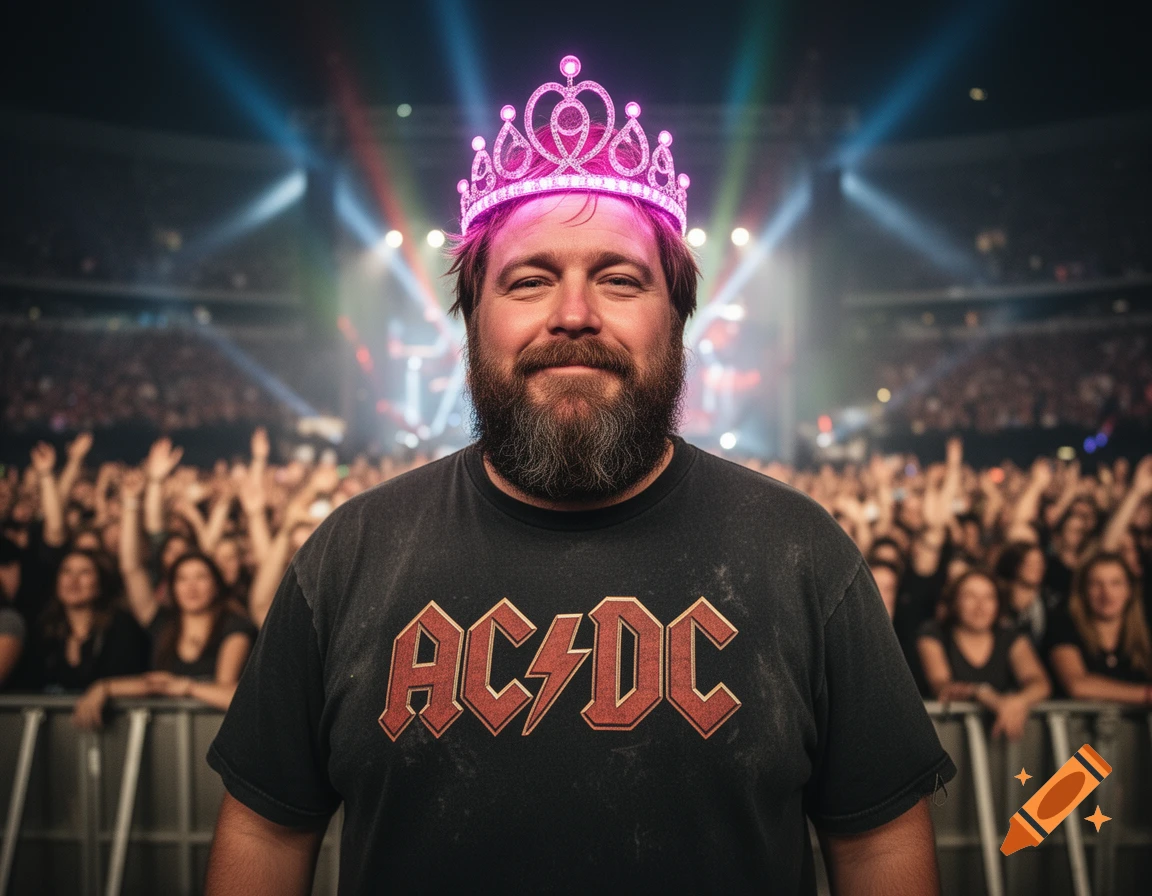 Photorealistic image of a bearded man wearing a glowing pink tiara and an AC/DC t-shirt at a crowded concert stadium.