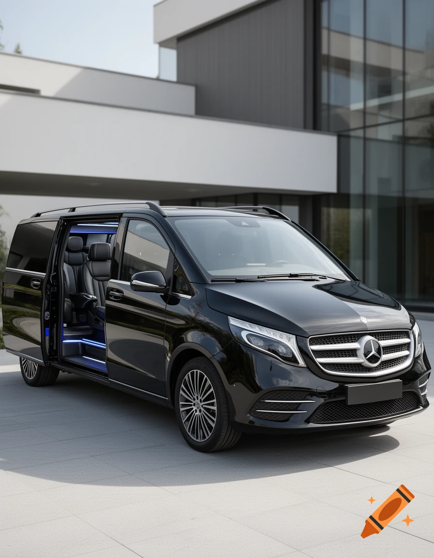 Photorealistic image of a black Mercedes-Benz V-Class van parked outdoors in front of a modern building with glass facade.