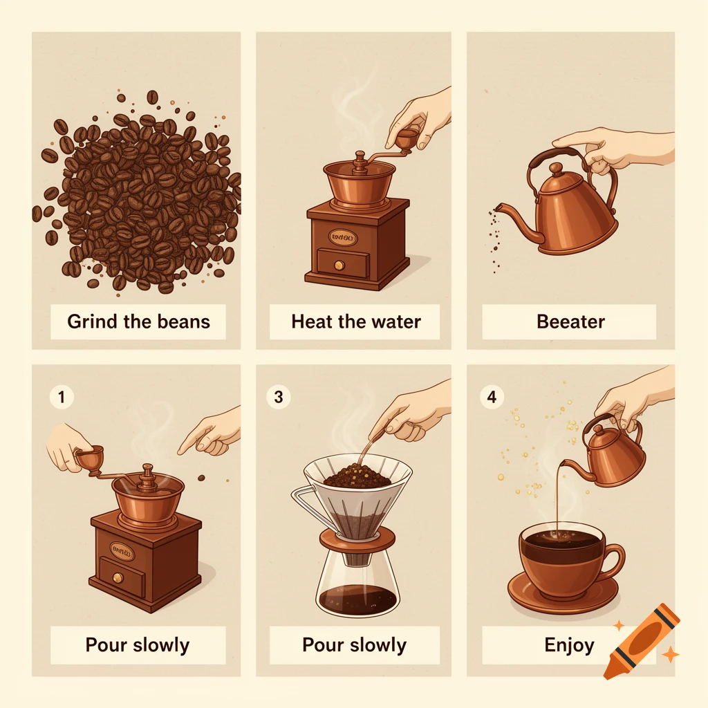 A step-by-step illustrated manual on brewing coffee in six panels, showing grinding, heating, and pouring, in a retro style.
