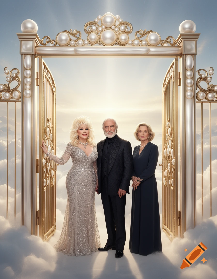 Photorealistic image of Dolly Parton, Tim Curry, and another woman standing in front of the golden pearly gates in the clouds.