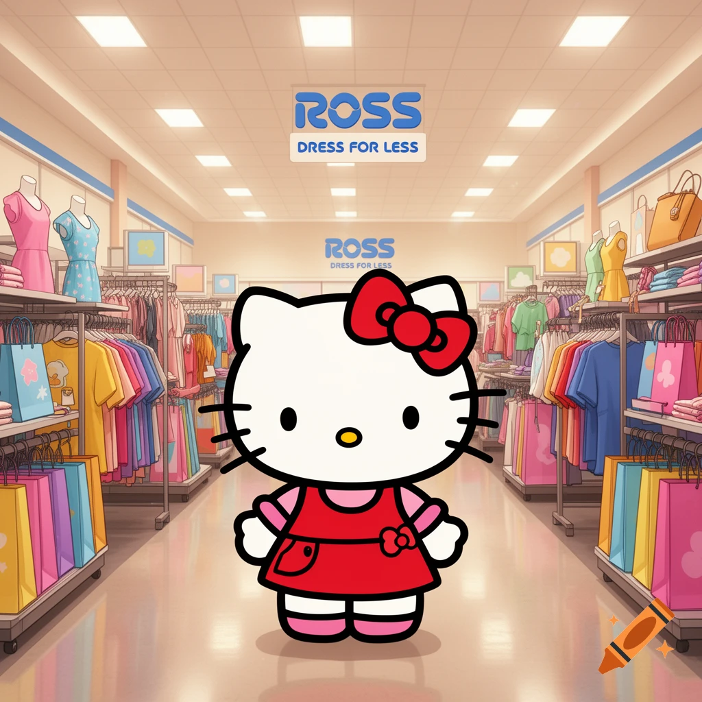 Hello Kitty standing in the middle of a Ross Dress for Less store aisle, digital art style.