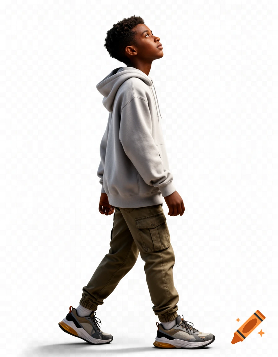 Side profile of a 15-year-old Black teenage boy walking and looking upward, wearing a grey hoodie and cargo pants.