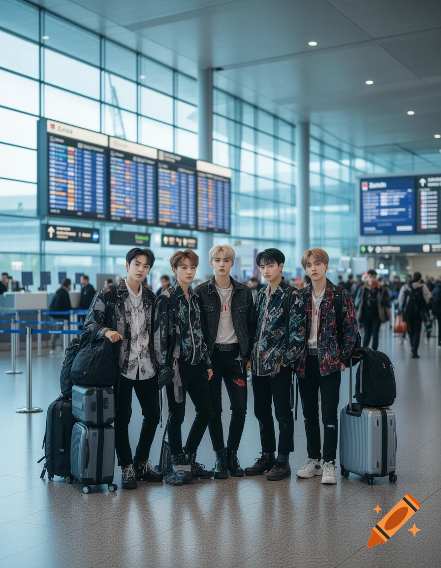 Five young men standing with luggage in a crowded airport terminal, photorealistic.