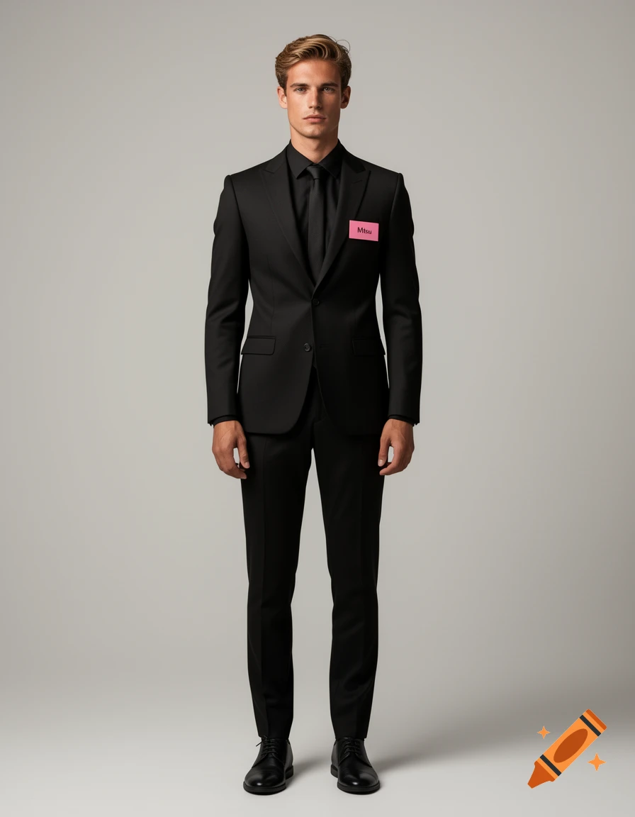 Full-body studio portrait of a tall, elegant young man in a modern black suit with a pink name tag.