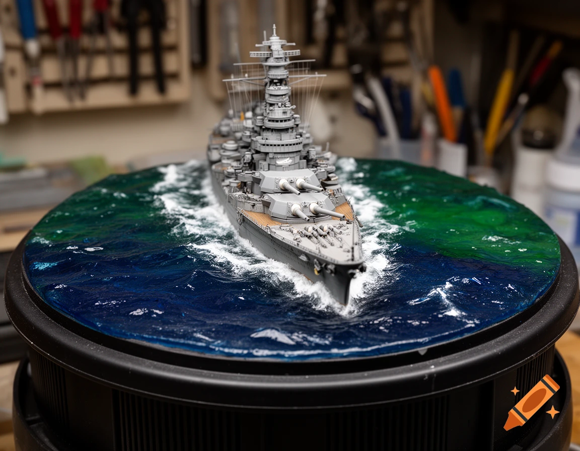 Macro photograph of a 1:350 scale plastic model battleship mounted on a resin ocean diorama atop a cable drum.