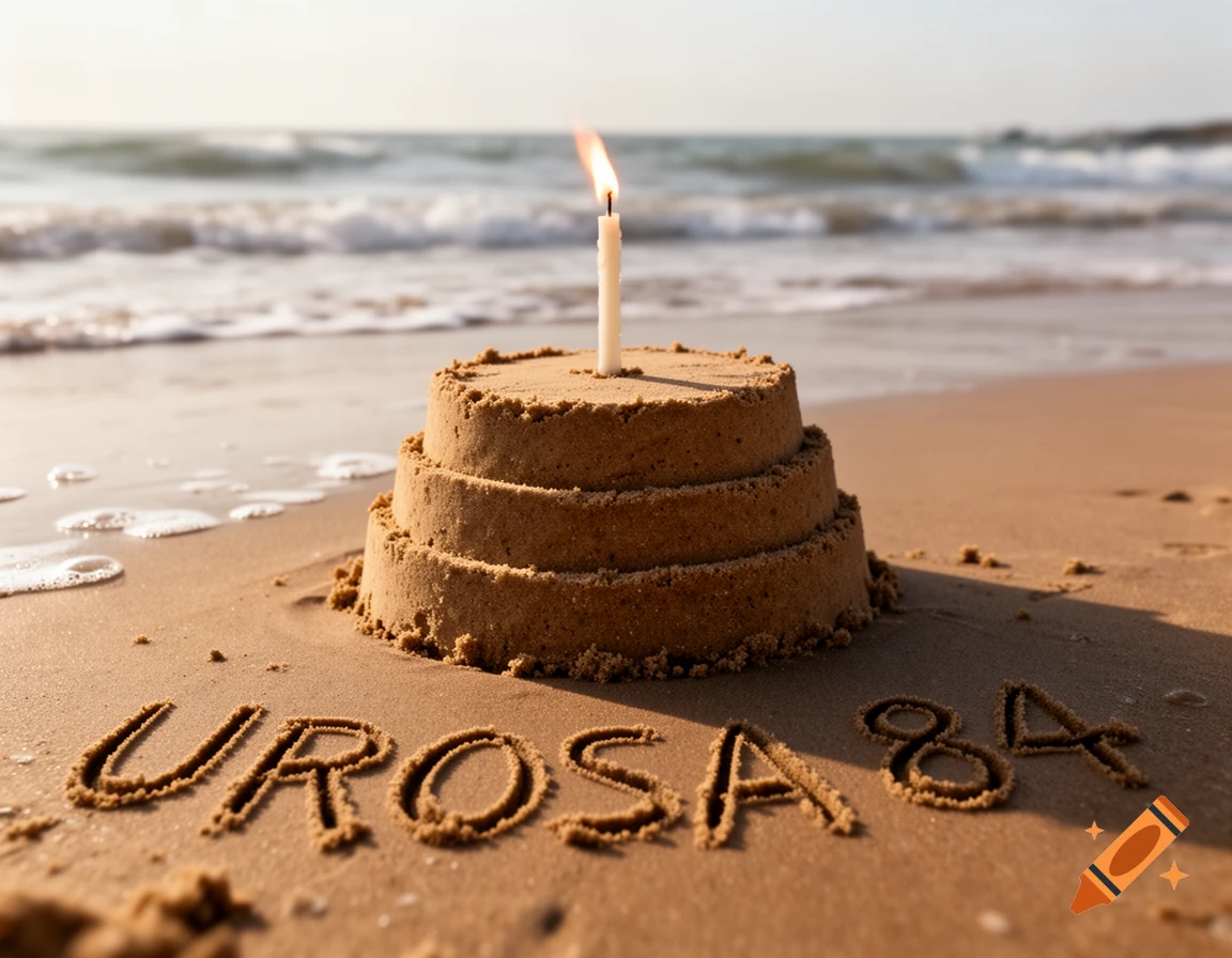 A sandcastle birthday cake with a single lit candle and the text UROSA 84 written in the sand on a beach.