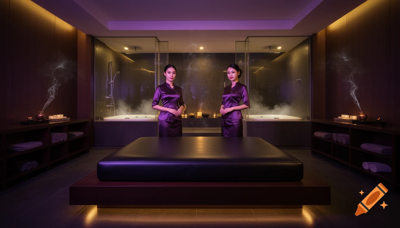 Photorealistic image of a luxury oriental VIP spa room at night with two East Asian female therapists standing by a dark leather bed.