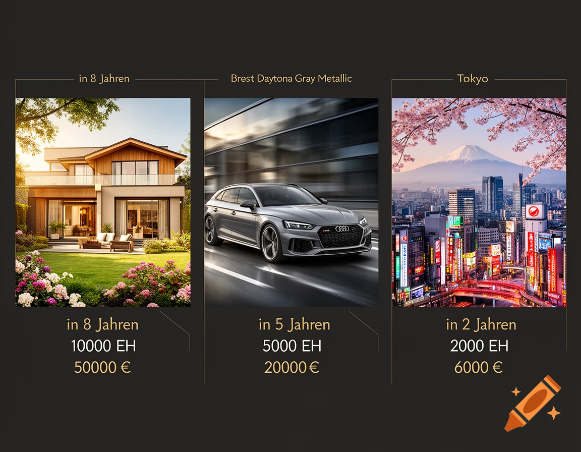 Goal collage with a modern house, a grey Audi car, and Tokyo with Mt. Fuji, including financial milestones.