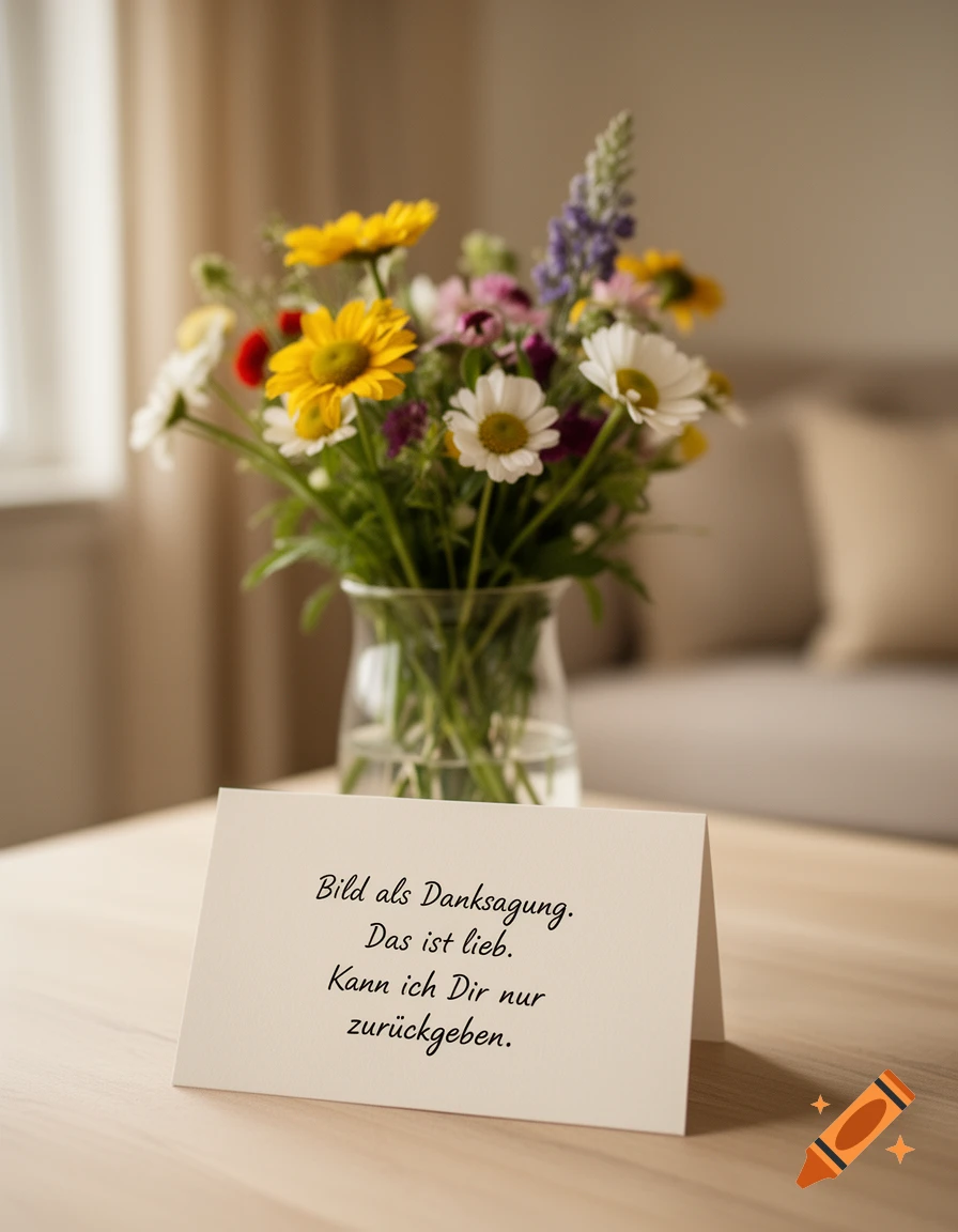 A greeting card with German text stands on a wooden table in front of a vase of colorful flowers in a room.