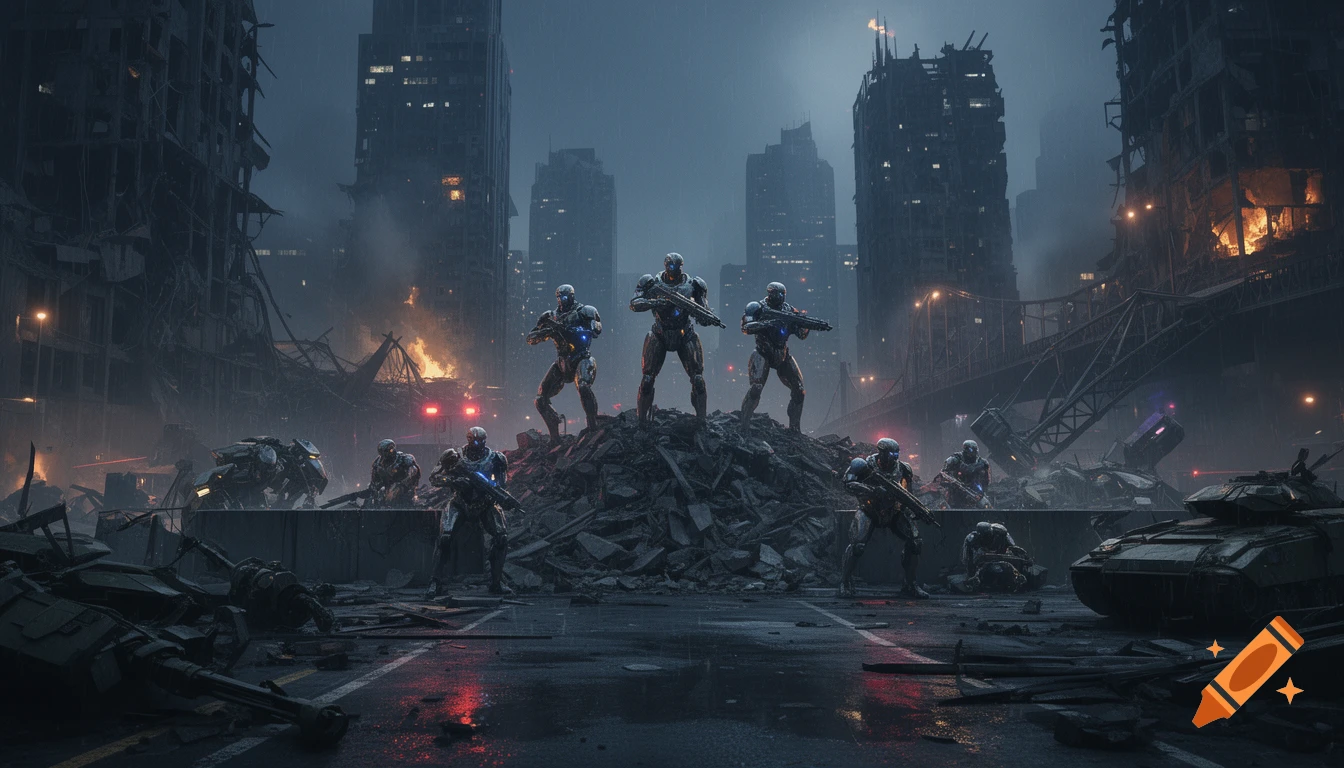 Cyborg soldiers holding positions on a pile of rubble in a ruined city at night, photorealistic style.