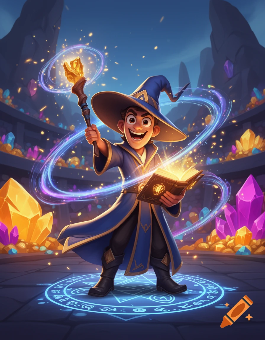 Digital illustration of a smiling young wizard in a blue robe and pointed hat holding a glowing wand and spellbook, surrounded by crystals.