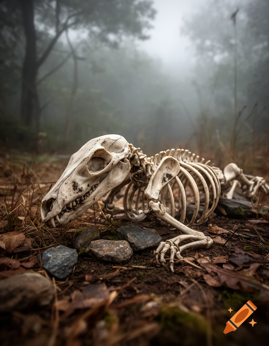 Photorealistic skeleton of an imaginary animal lying on a forest floor covered in leaves and rocks.