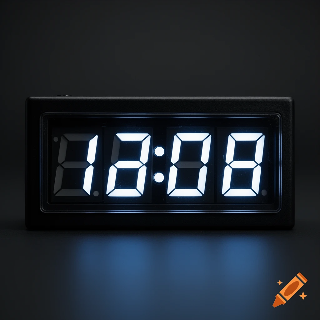 A black digital alarm clock displaying 12:08 with glowing white numbers on a dark surface, photorealistic.