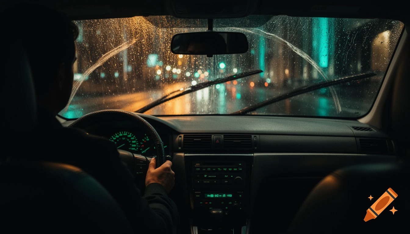 Silhouette of a man sitting behind the steering wheel of a car at night, viewed through a rain-streaked windshield with glowing city lights blurred in the background.