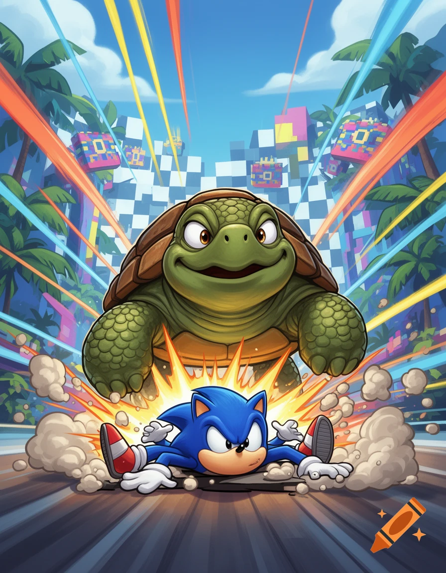 A cartoon turtle smiling while stepping on Sonic the Hedgehog who is flat on the ground, in a colorful track setting.